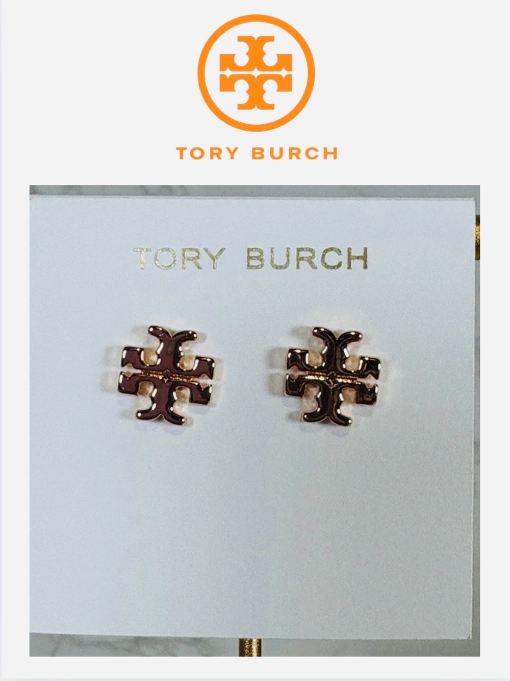 EARRINGS: TORY BURCH Rose Gold Double-T Logo Studs, NWOT - Picture 7 of 12